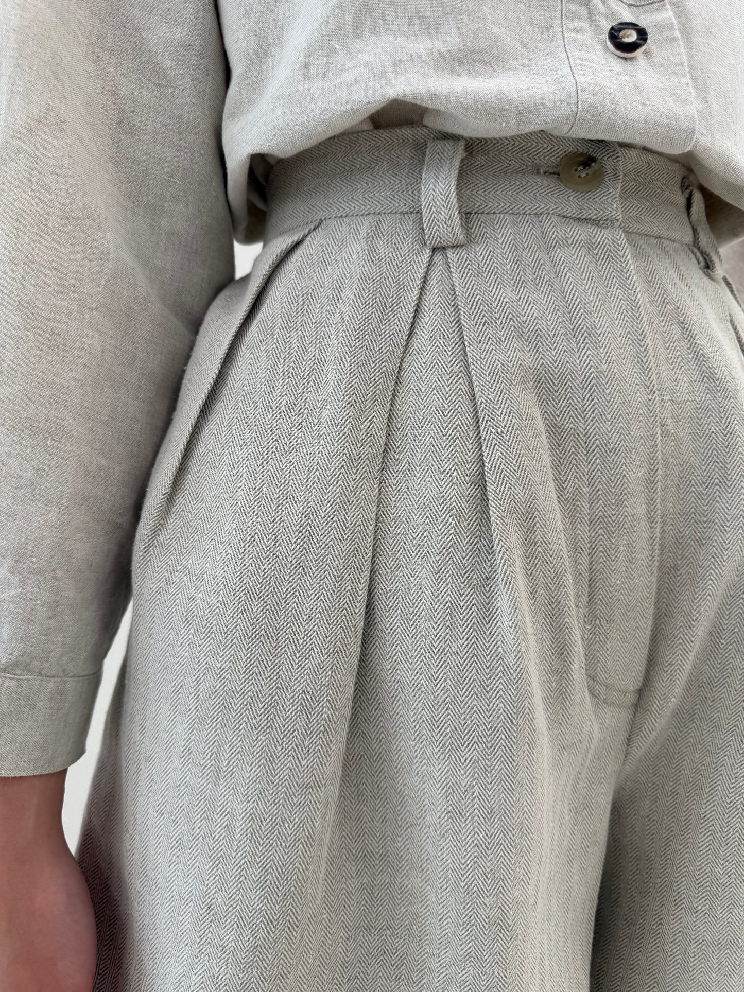 Pantaloni vintage din pânză grea de in Chevron cu talie ultra înaltă