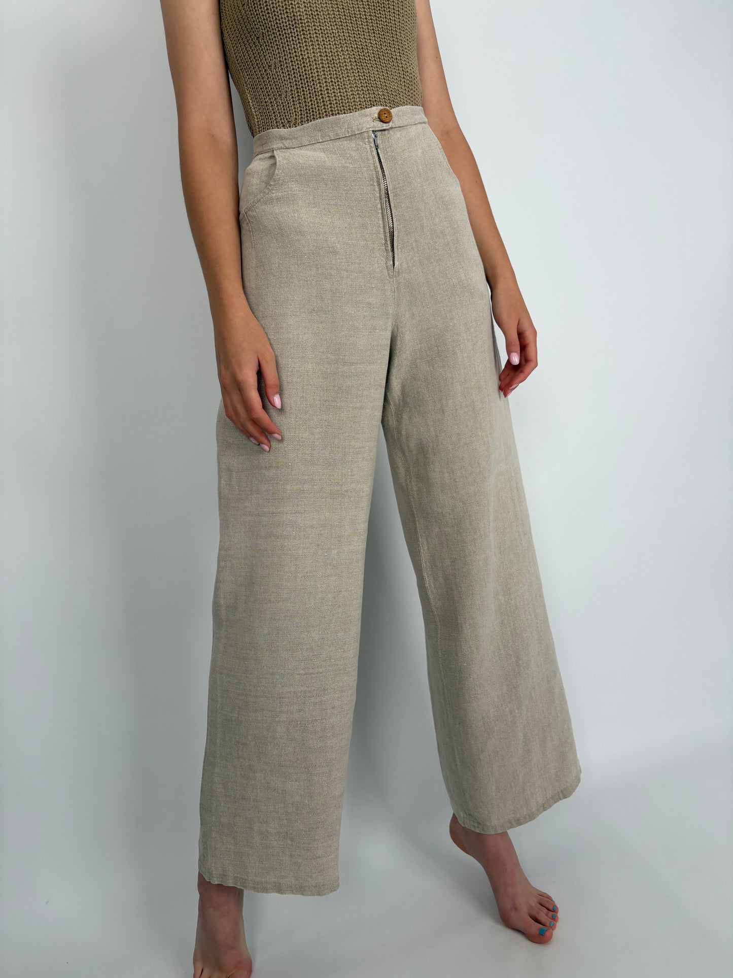 Pantaloni vintage palazzo warm gray din pânză grea de excepționala de in