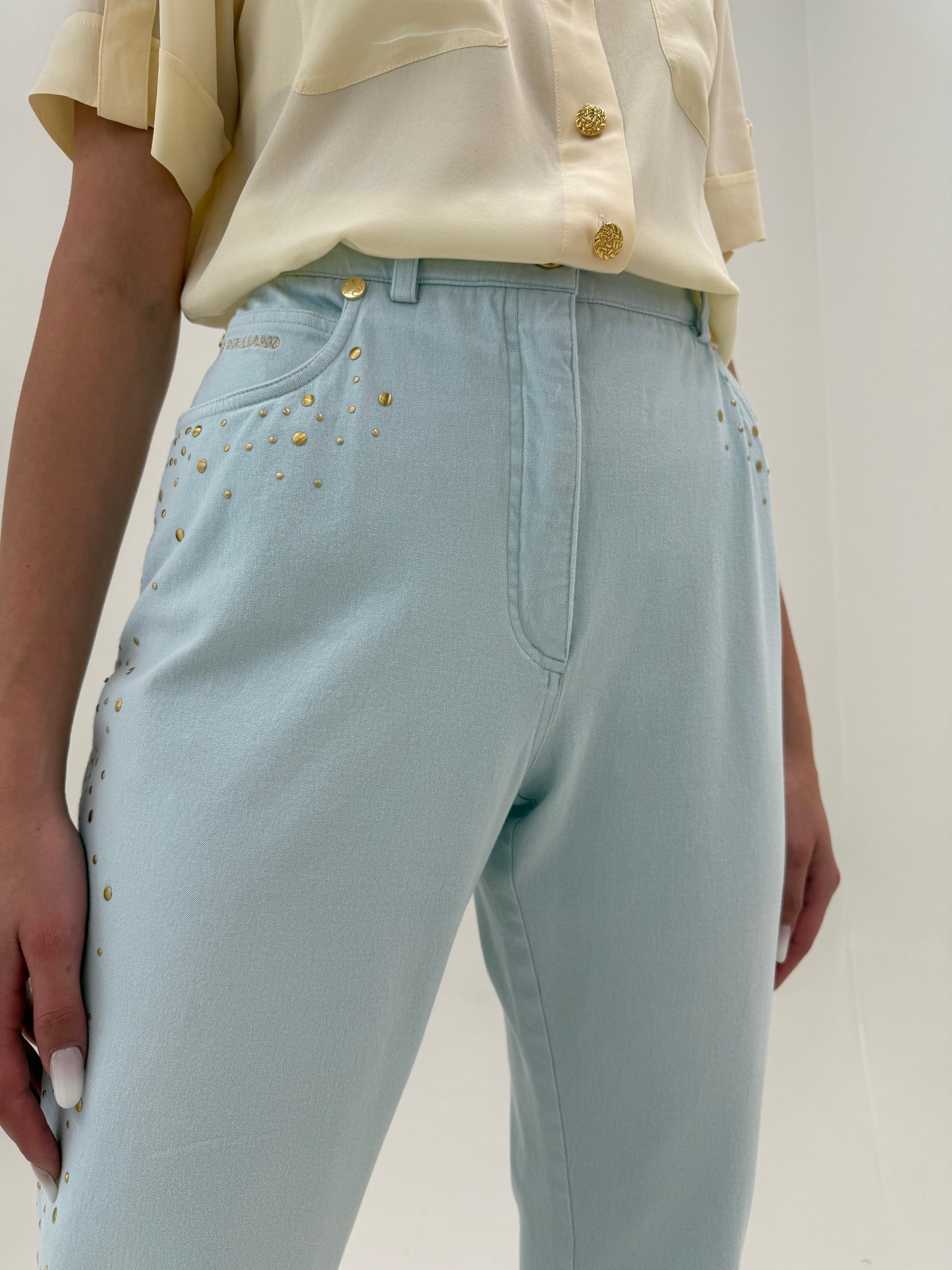 Pantaloni premium de vară baby blue italinesti cu aplicații auriu pudrat ultra confort