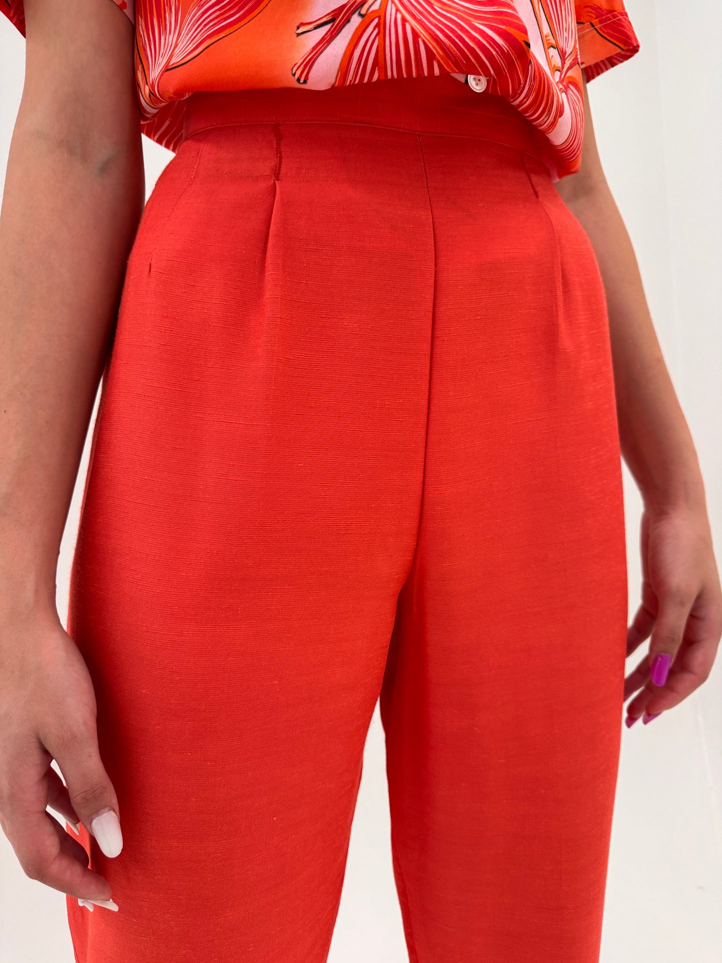 Pantaloni vintage țigaretă tall cu talie ultra înaltă marcată din pânză de in
