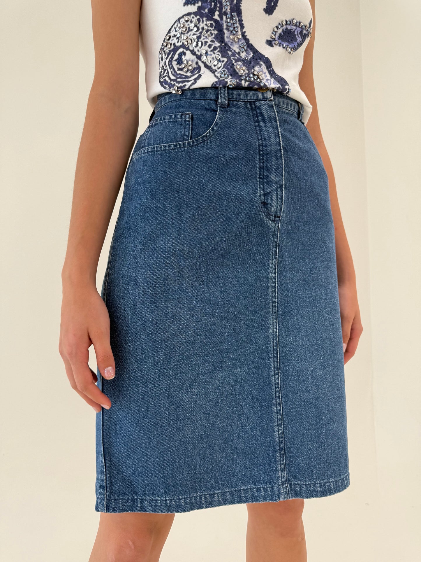Fustă vintage luxury Trussardi din jeans moale de vară cu talie ultra înaltă