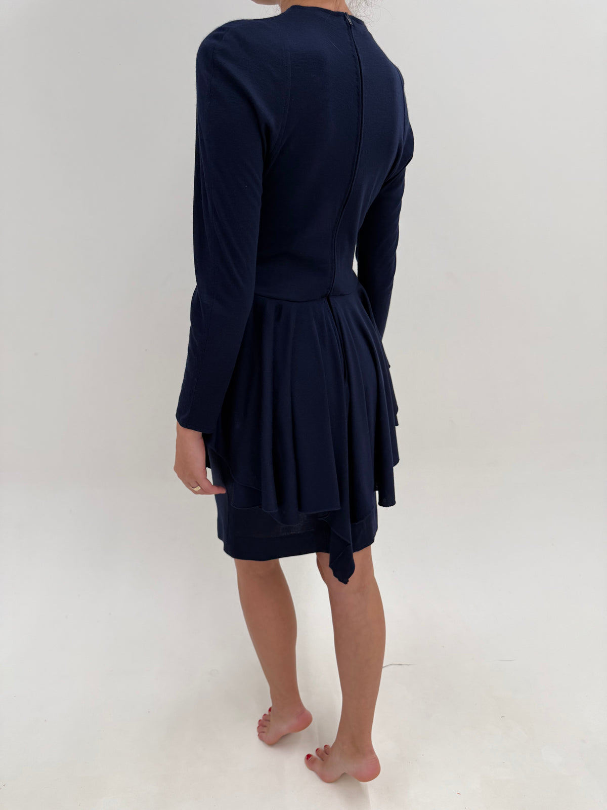 Rochie vintage italiană cu efect de peplum cambrata din cea mai fină lana midnight blue