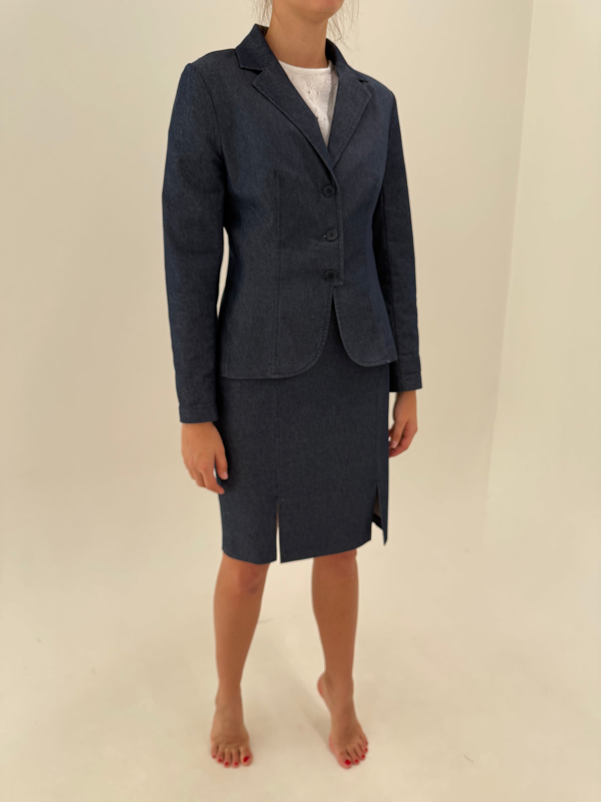 Deux piece clasic italian din jeans modelator extrem de chic