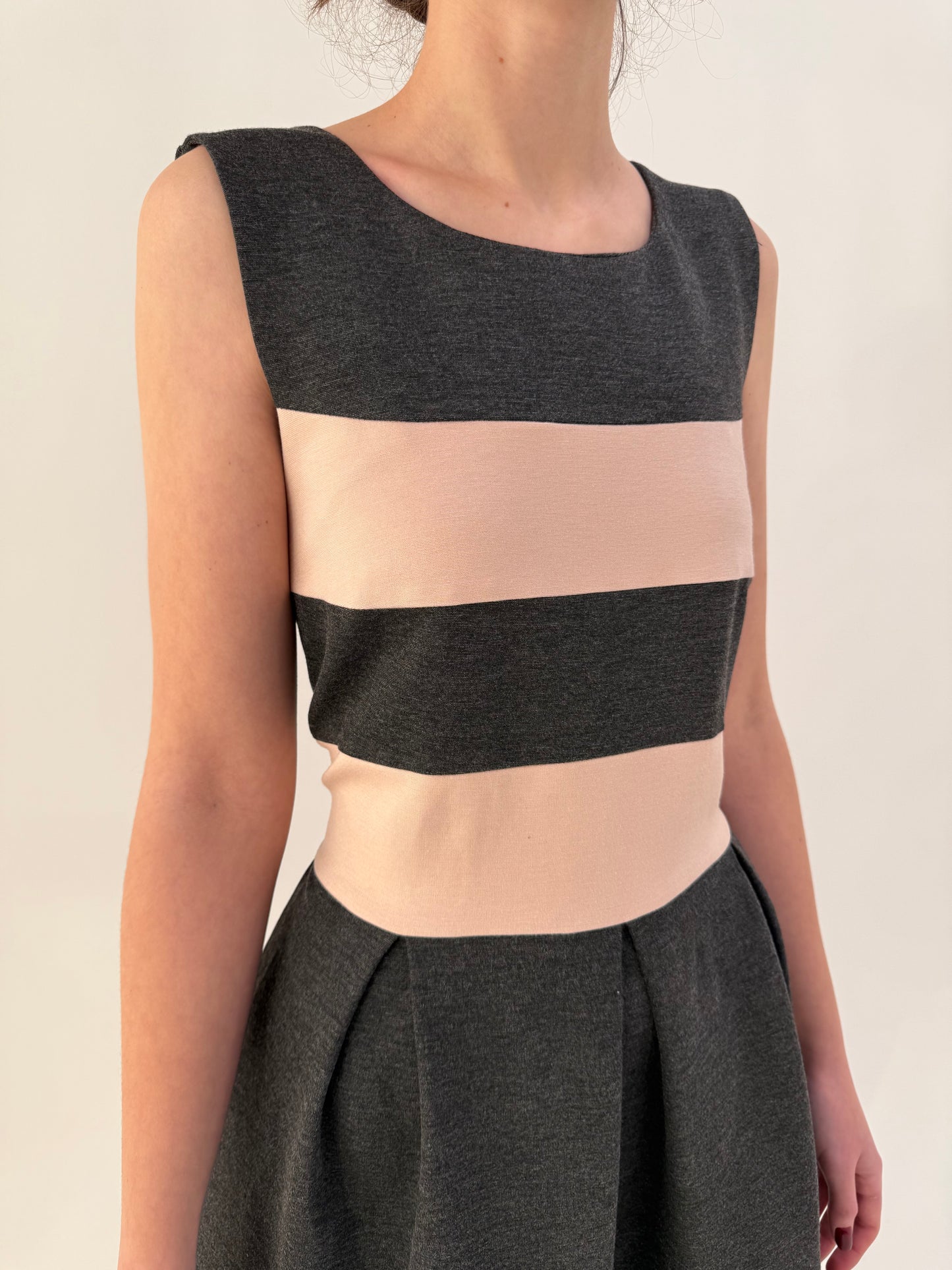 Rochie colorblock cu talie ultra marcată in dungi powder pink