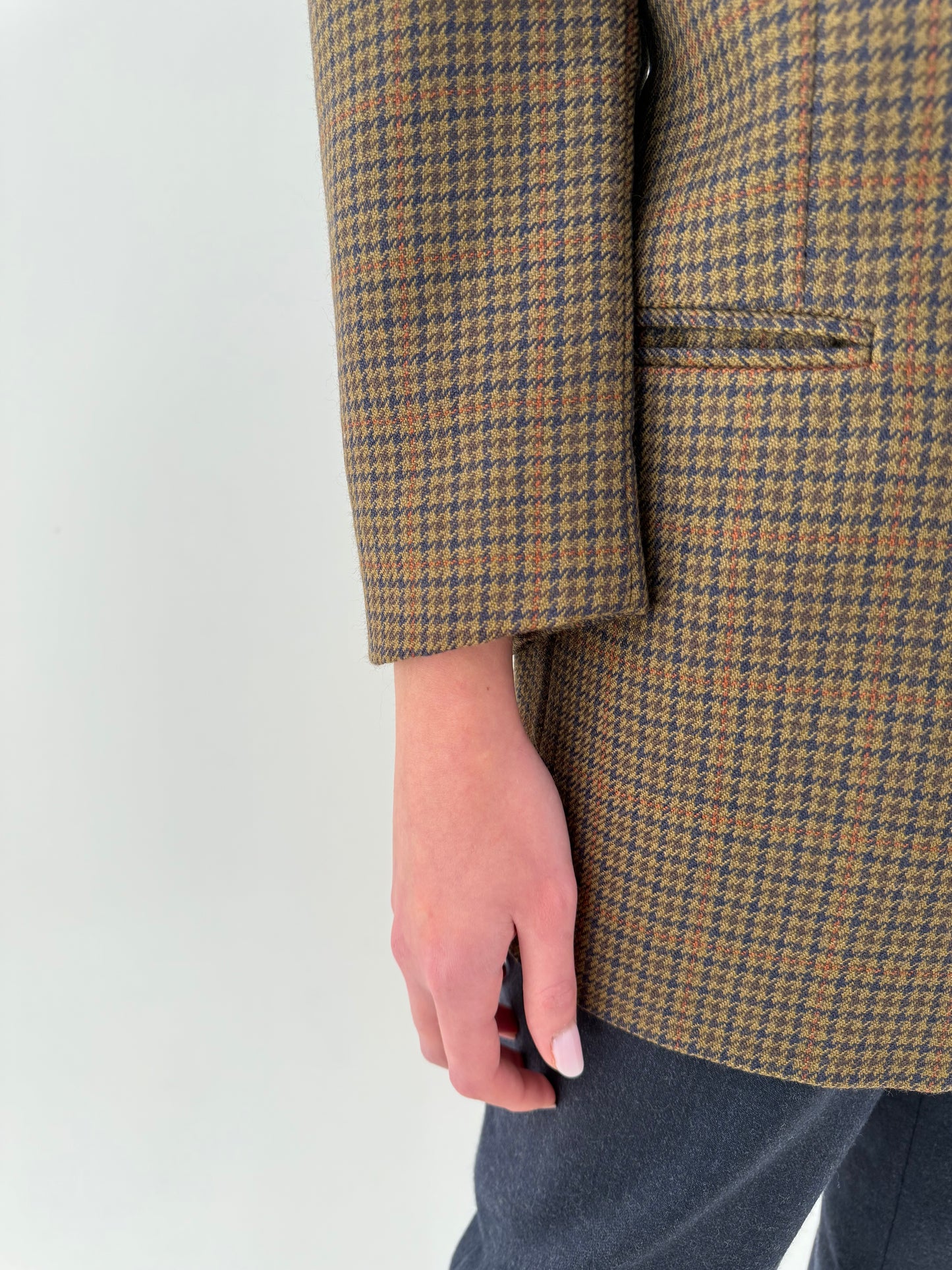 Sacou petite italian din tweed de lana excepțională kaki în carouri fine oranj