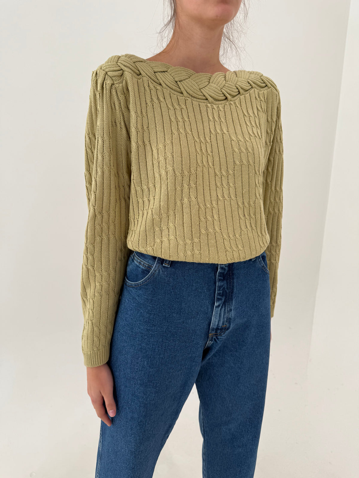 Pulover vintage olive green cu torsade și împletitură superbă din mix de lana extrafina