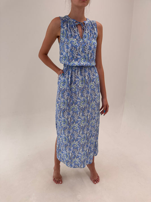 Rochie vaporoasă cu print paisley stilizat și talie ultra înaltă elastică baby blue