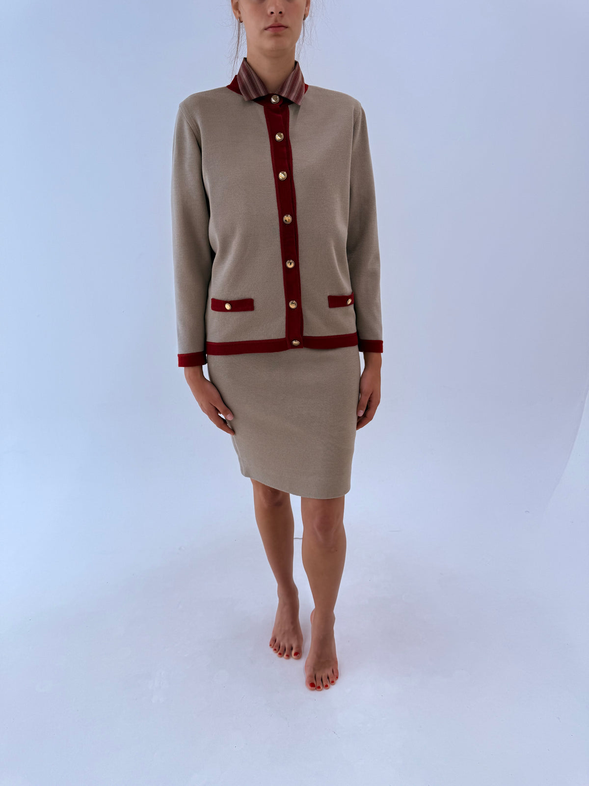 Set vintage în stil Chanel din lana extrafina și bumbac grej cu brick red