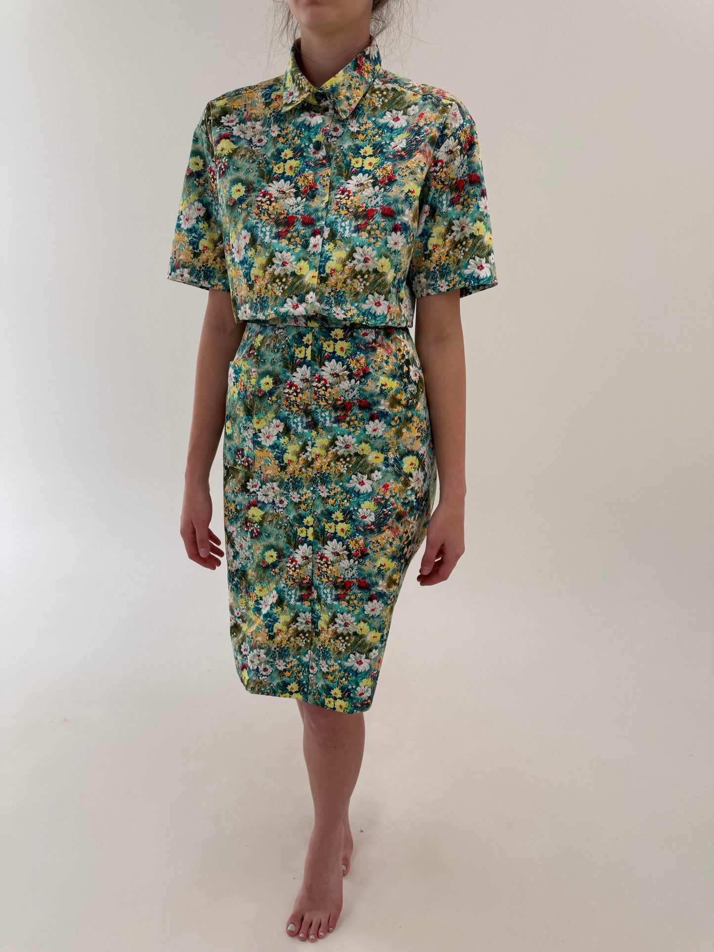 Deux piece vintage din poplin excepțional de bumbac cu print floral