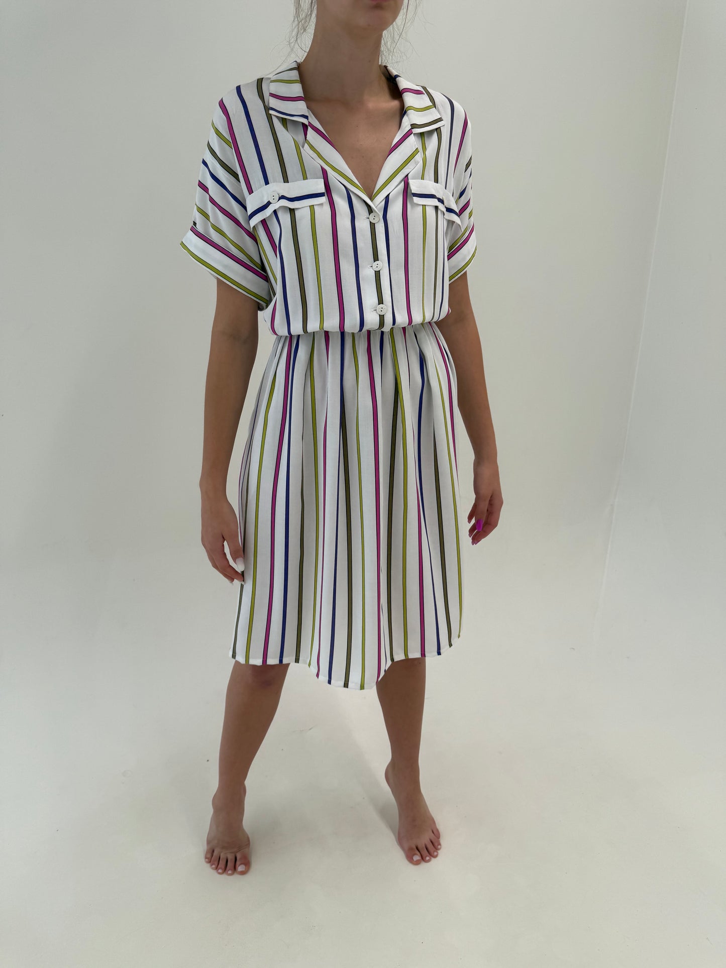 Rochie vintage super vaporoasă în dungi cu talie ultra înaltă elastică