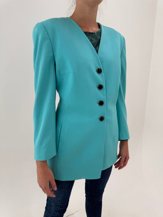 Sacou lung Laurel by Escada din lana extrafina aqua blue cambrat în croi minimalist