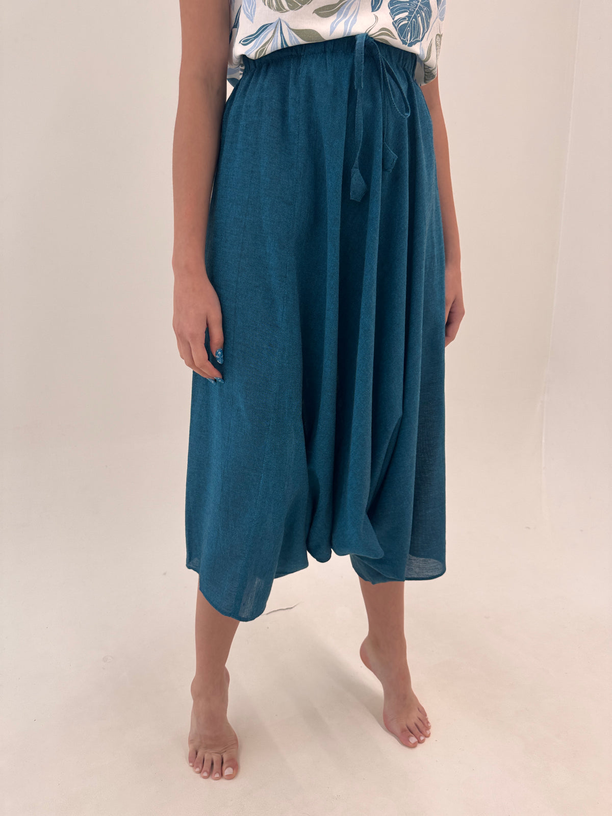 Fustă pantaloni din pânză dark teal green in croi drapat cu talie ultra înaltă