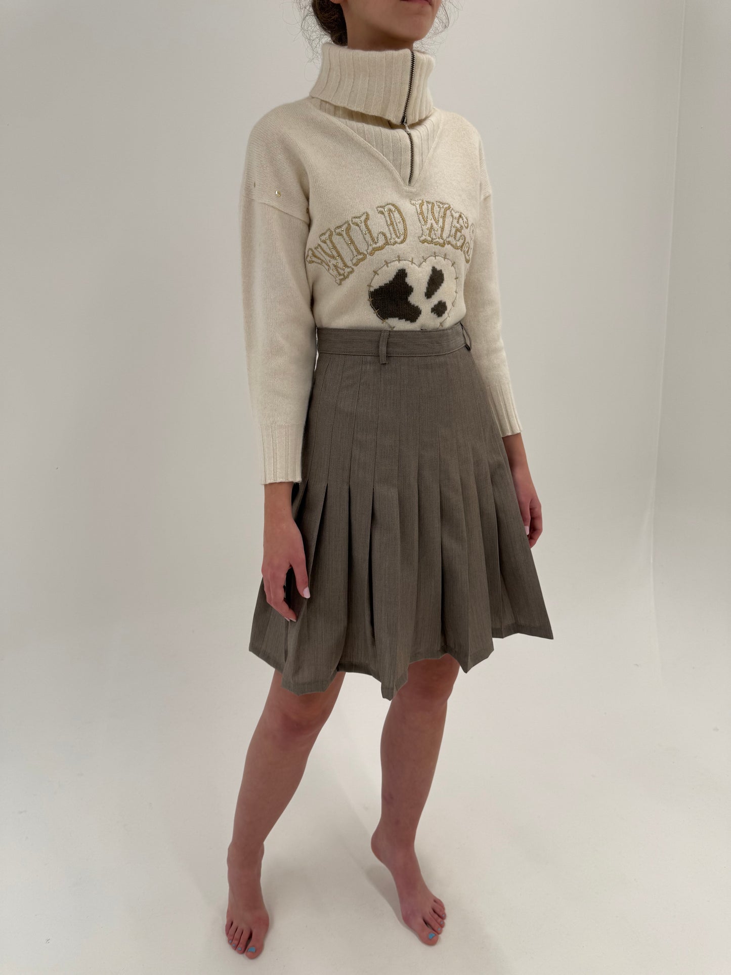 Fustă plisată taupe din lana pura extrafina certificată