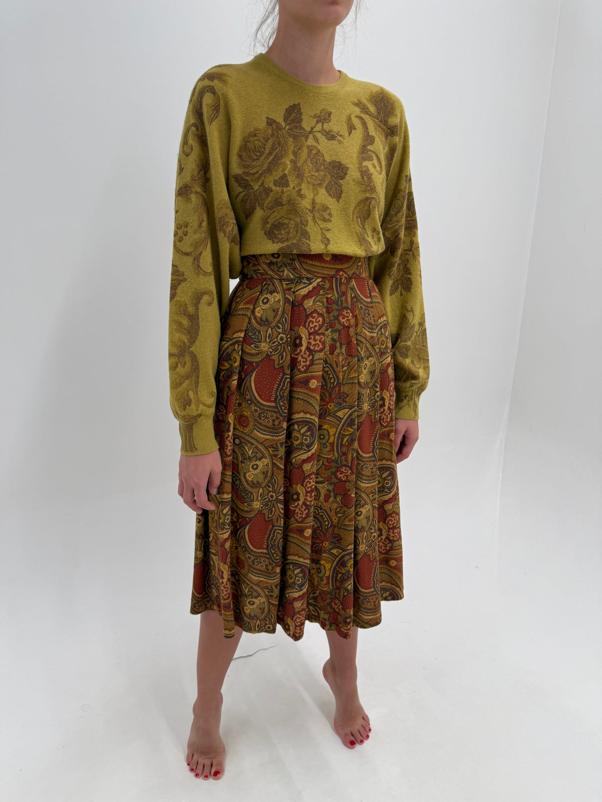 Fustă plisată vintage italiană din lana extrafina cu print superb și talie ultra înaltă