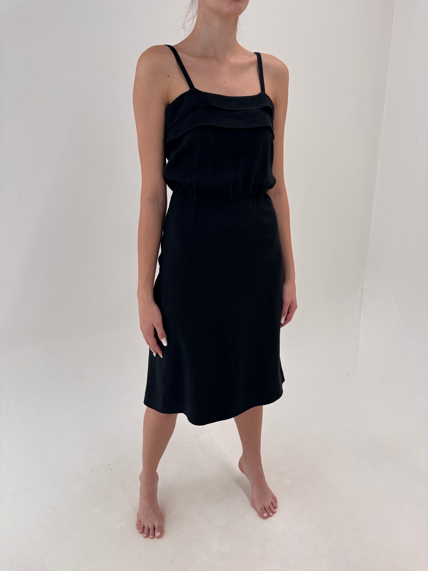 LBD vintage din pânză moale de in premium negru cu talie marcată