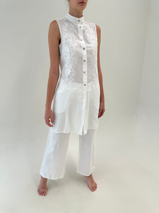 Pantaloni palazzo din in premium cu dantelă macrame