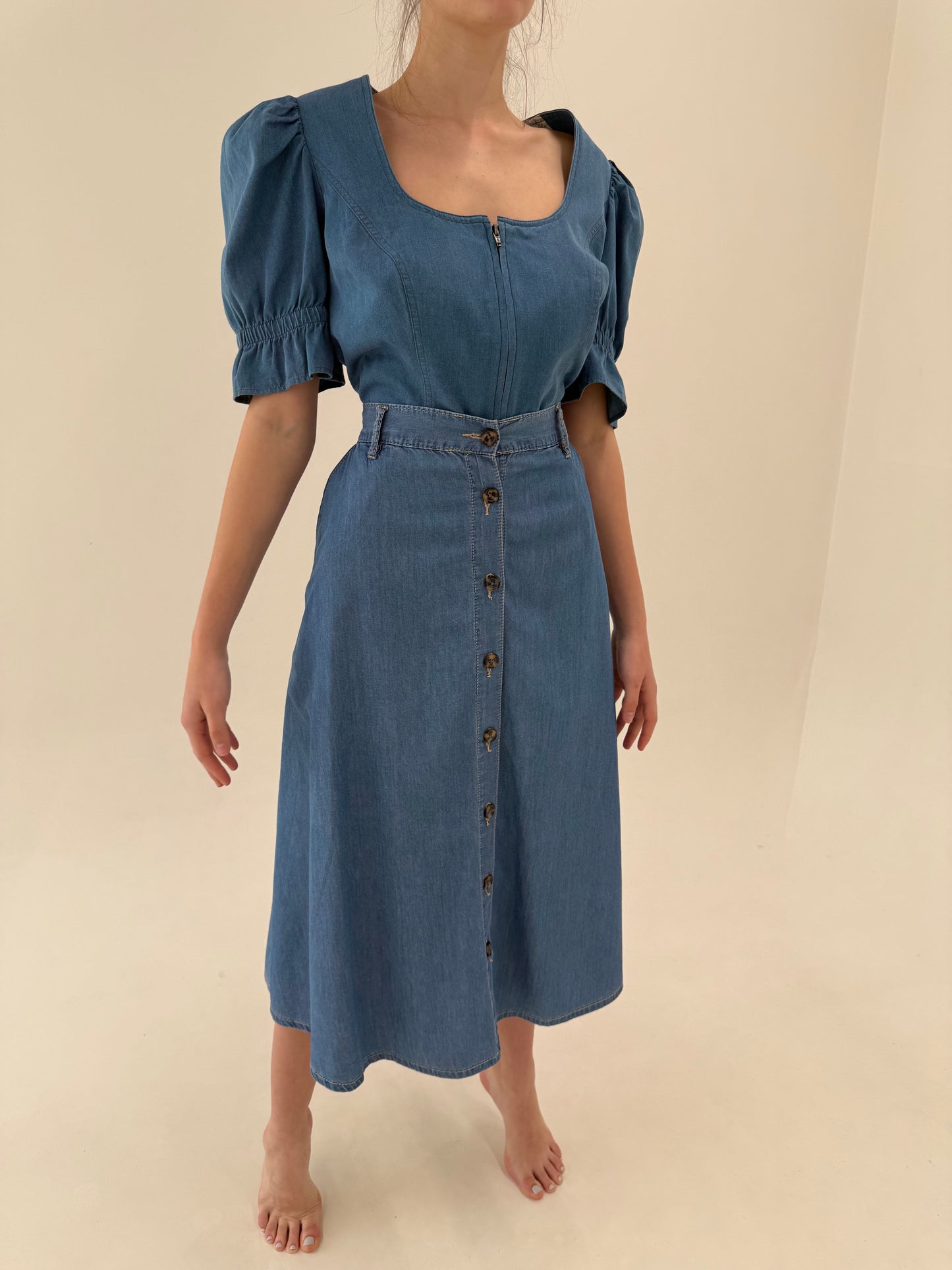 Fustă maxi din jeans moale cu talie ultra înaltă elastică și buzunare