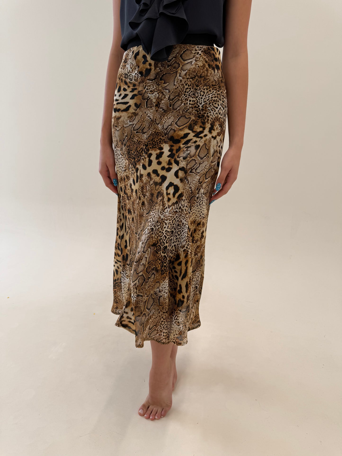 Fustă maxi in bie cu animal print și talie ultra înaltă marcată elastică generoasă