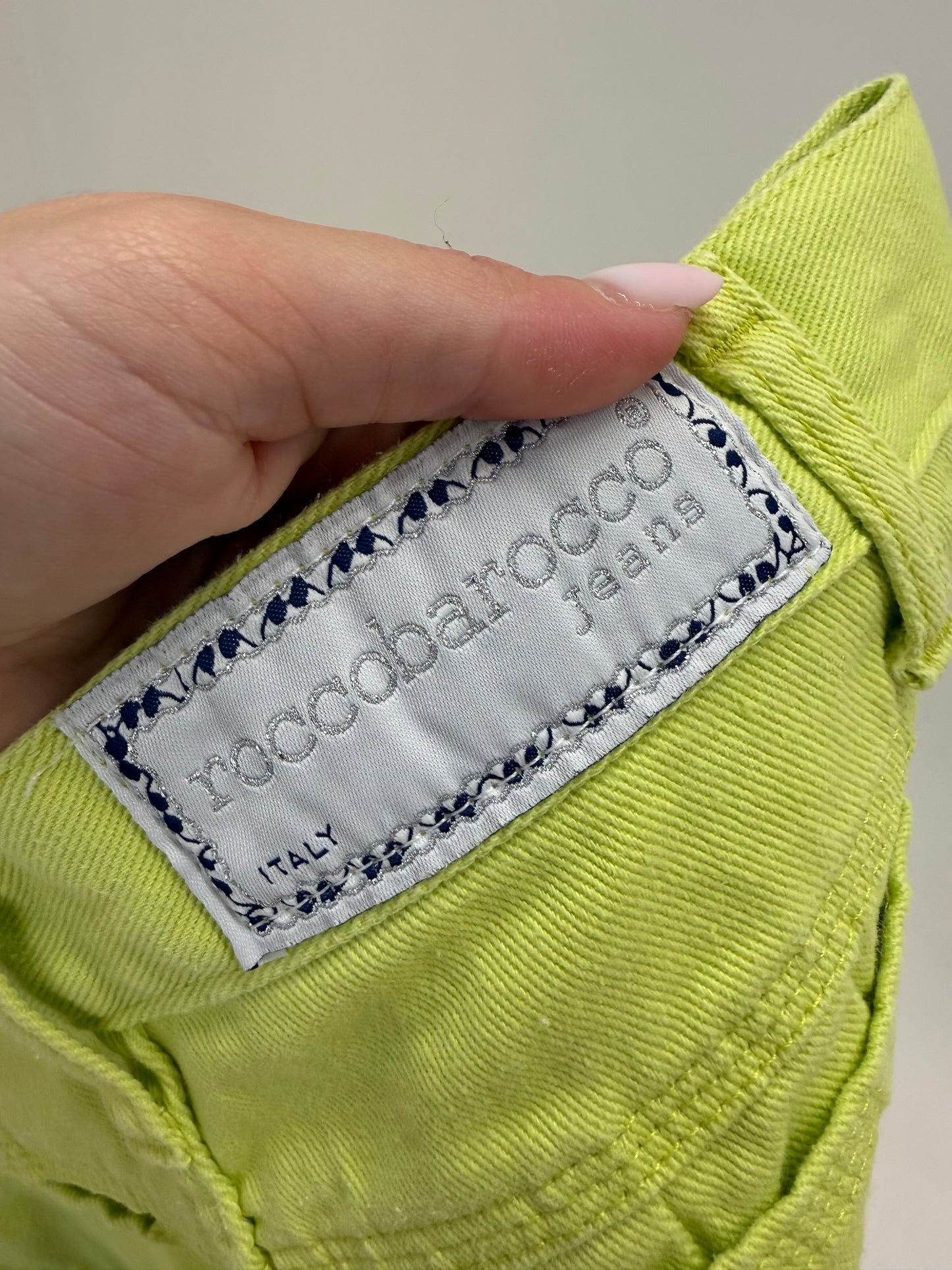Jeans luxury vintage Rocco Barocco de vară neon green cu talie ultra înaltă