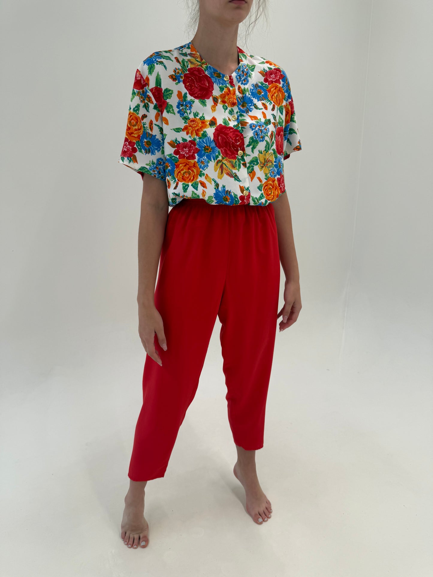 Pantaloni vintage cherry red super vaporoși din panzica cu talie extrem de înaltă