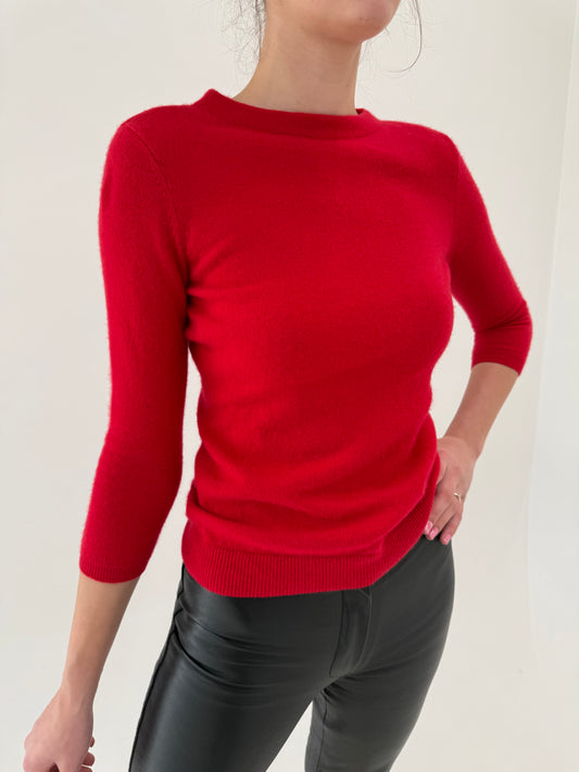 Puloveras roșu tare din cașmir cu mânecă 3/4 crew neck