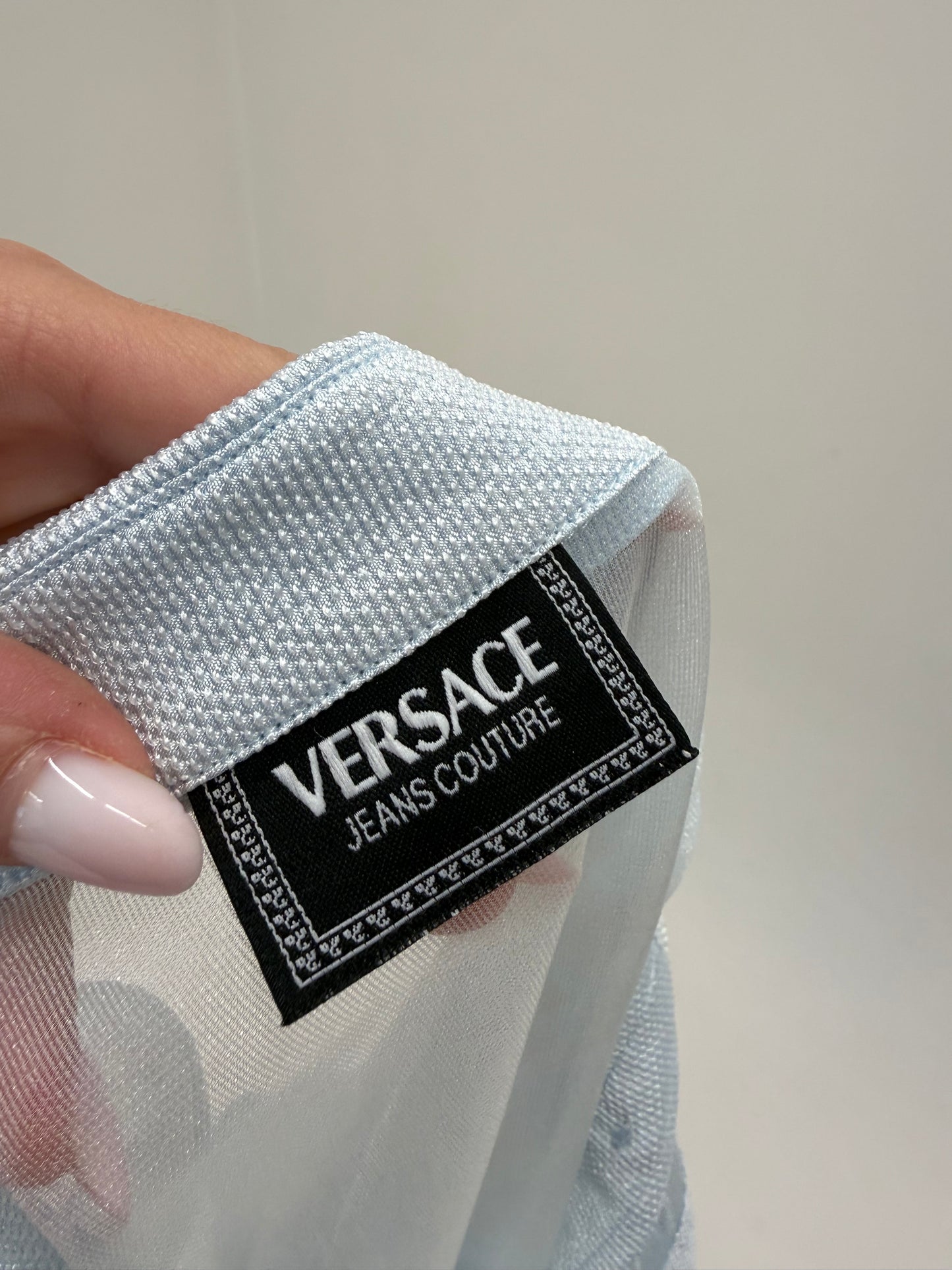Corsaj vintage Versace baby blue din panzica perlata și organza