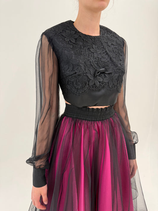 Corsaj vintage negru couture din mătase naturală cu lucrătură manuală 3D