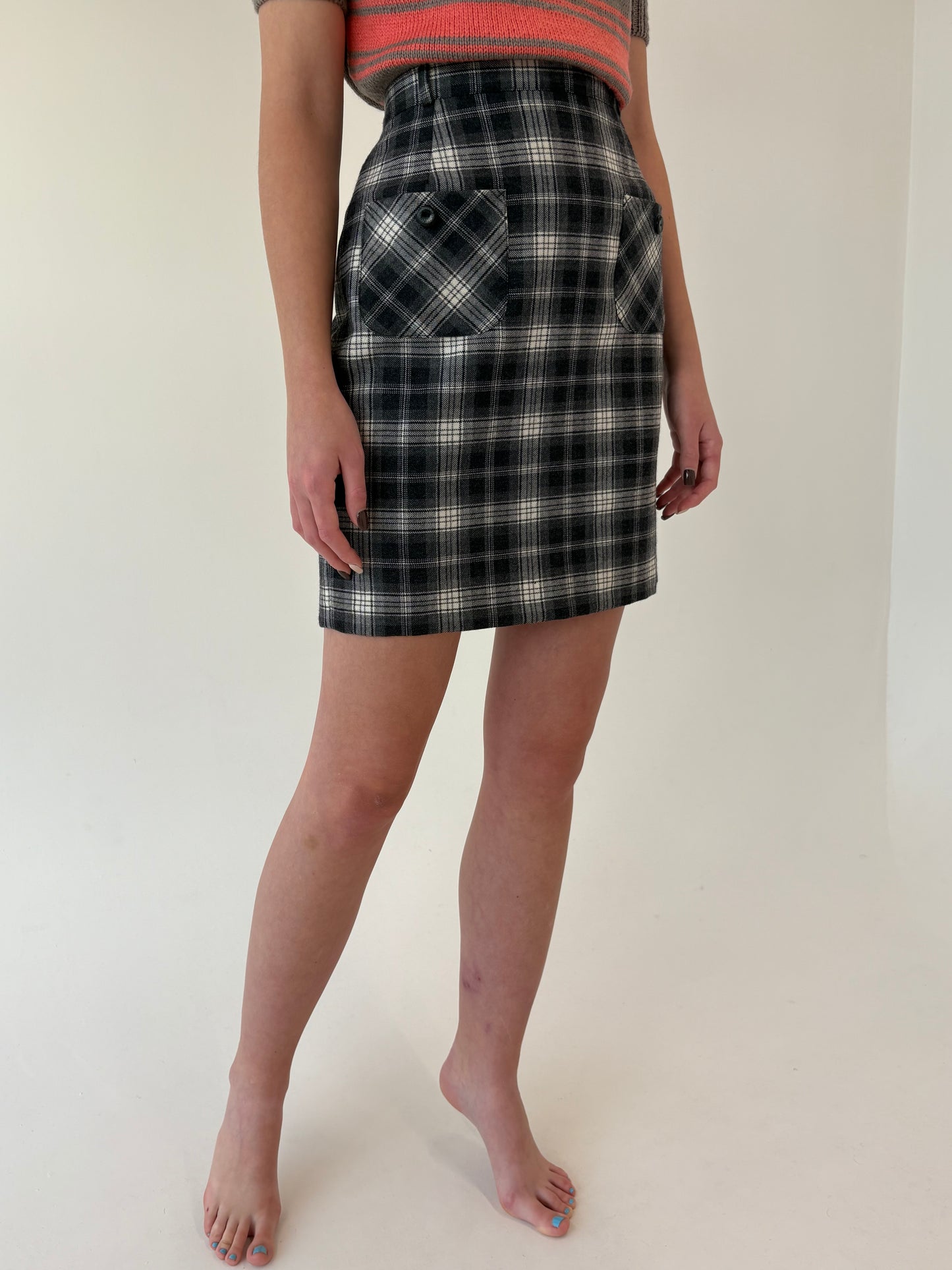 Fustă italiană din tweed de lana pura certificată cu talie ultra înaltă marcată