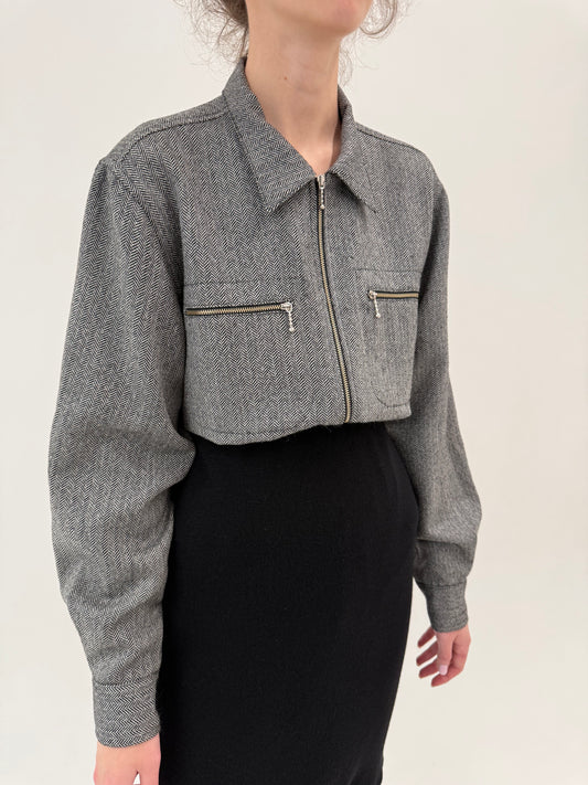 Cămașa groasă italiana din lana extrafina Chevron alb-negru