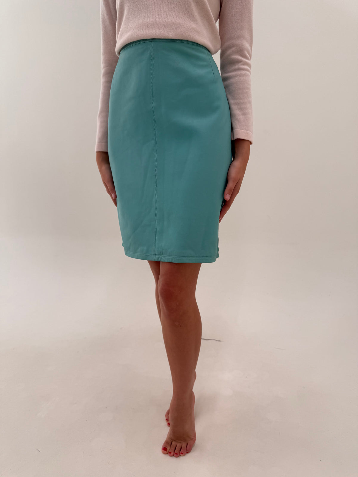 Fustă Versace din piele naturală mănușă aqua green în croi clasic