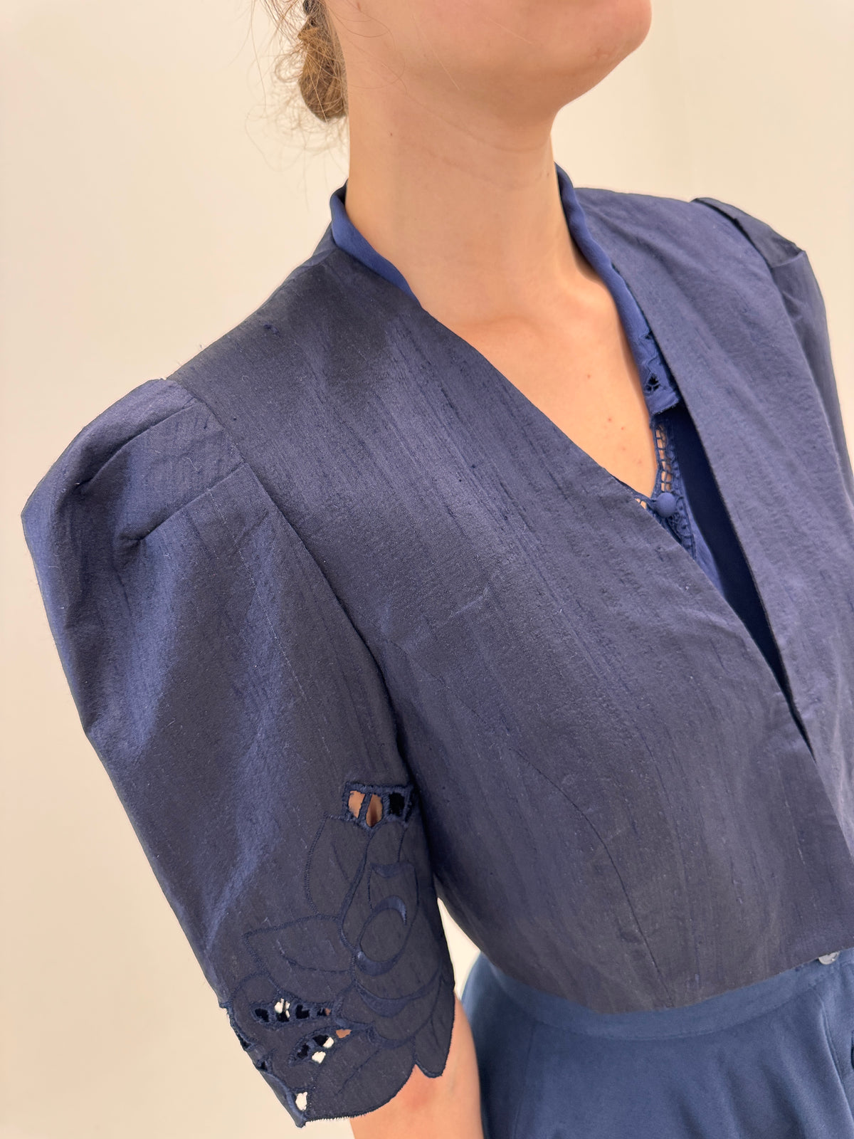Sacou vintage din canvas de mătase naturală Navy blue cu broderie anglaise