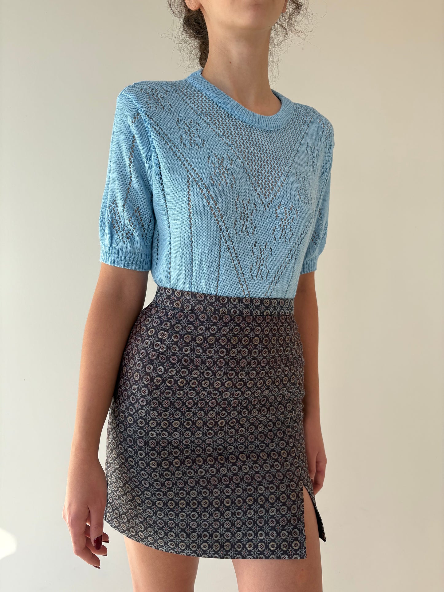 Fustă mini vintage din brocart cu talie ultra înaltă