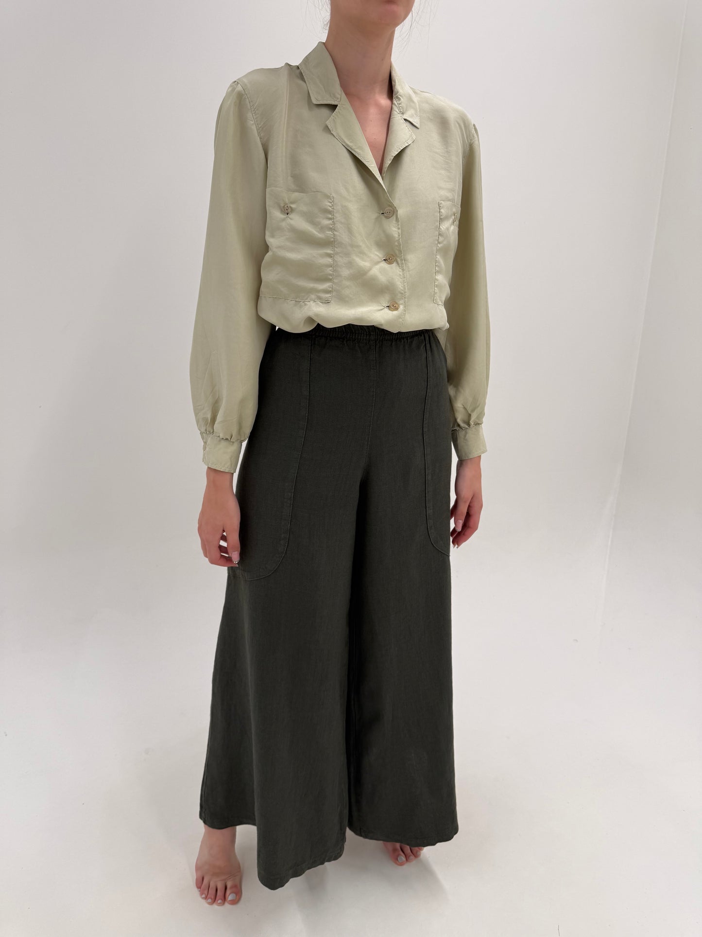 Pantaloni palazzo ultra ampli din pânză grea de in dark green