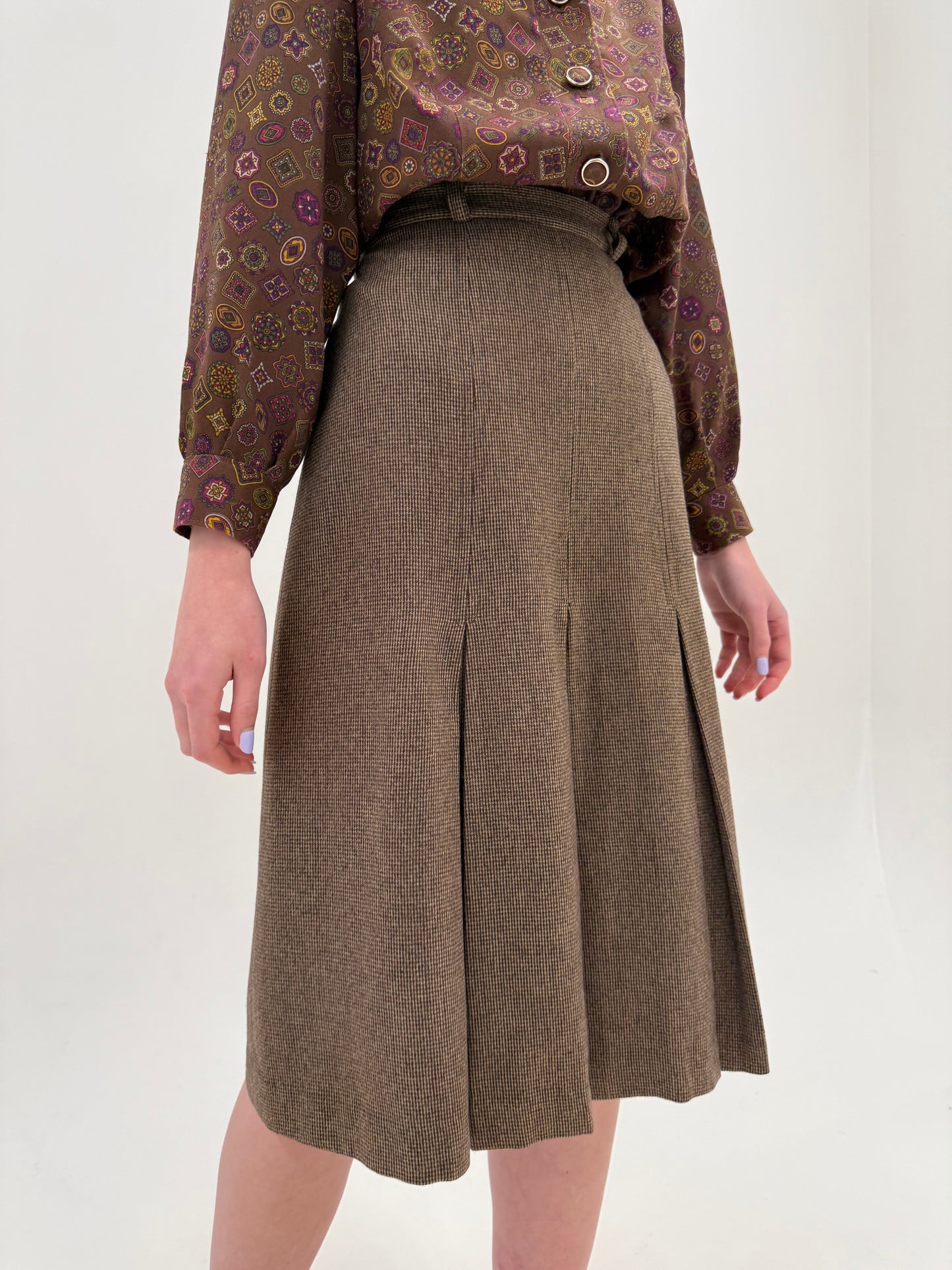 Fustă vintage midi taupe brown din lana extrafina cu talie ultra înaltă