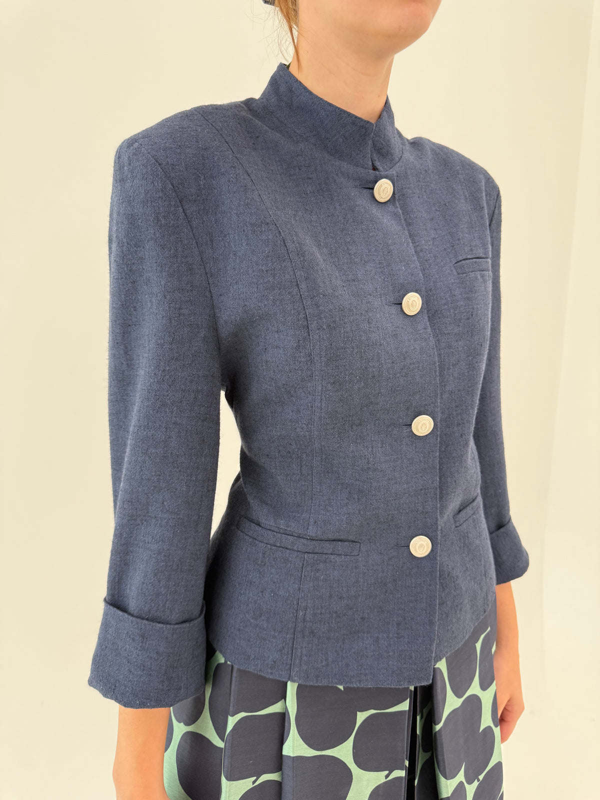 Jacheta vintage din stofă de in și vascoza jeans blue nouă cu etichetă