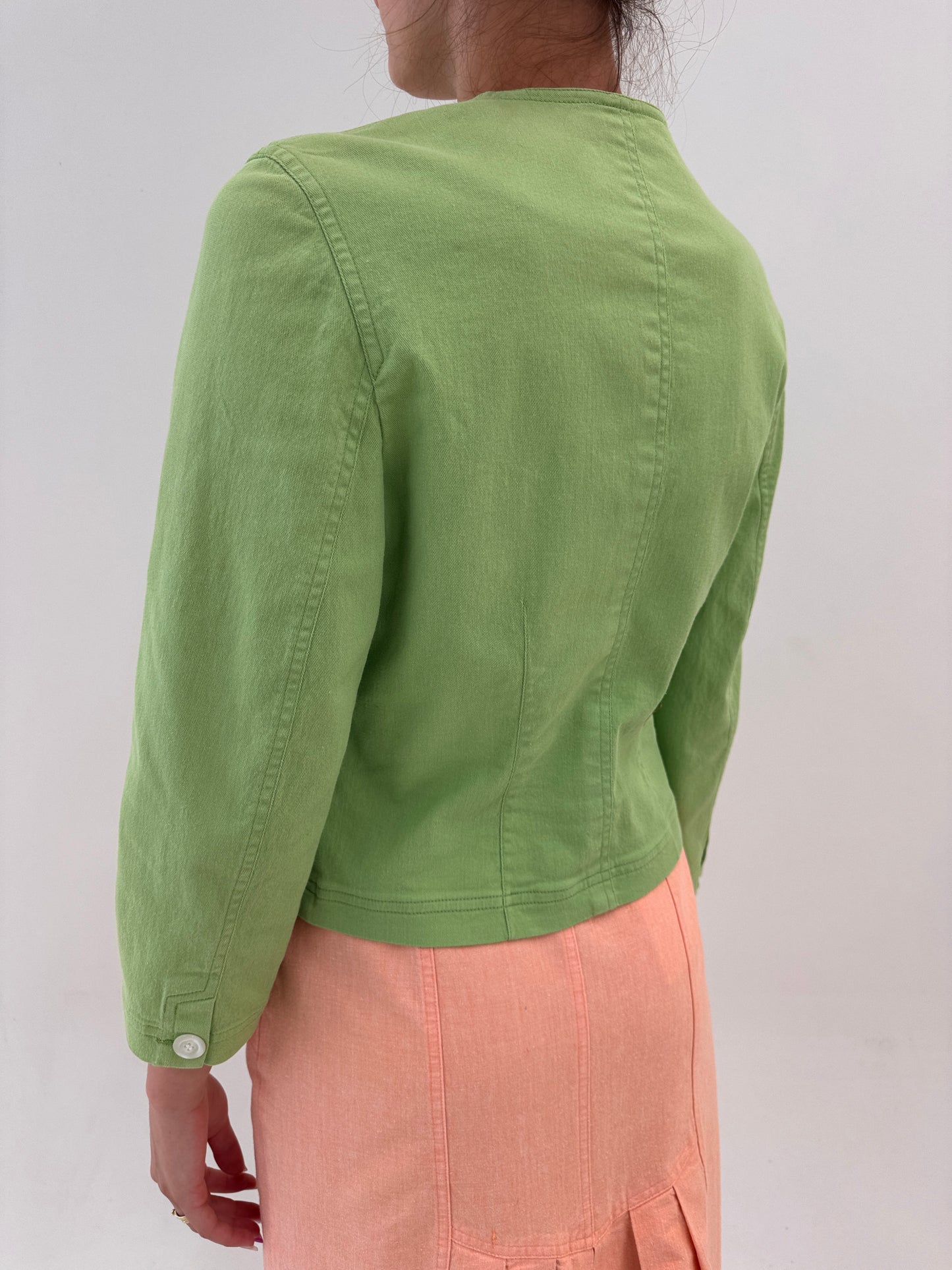 Sacou vintage de designer cu interior de mătase naturală în croi asimetric verde crud