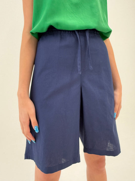 Pantaloni din in Navy blue cu talie ultra înaltă reglabilă foarte generoasă