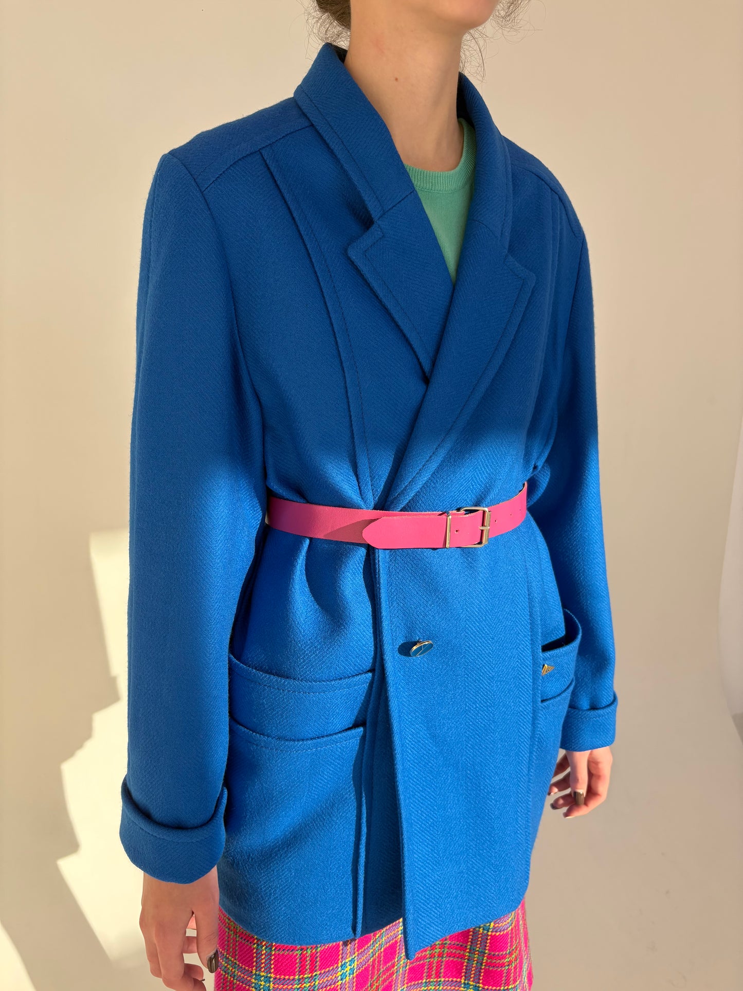 Palton vintage albastru regal din stofă excepțională de lana texturată