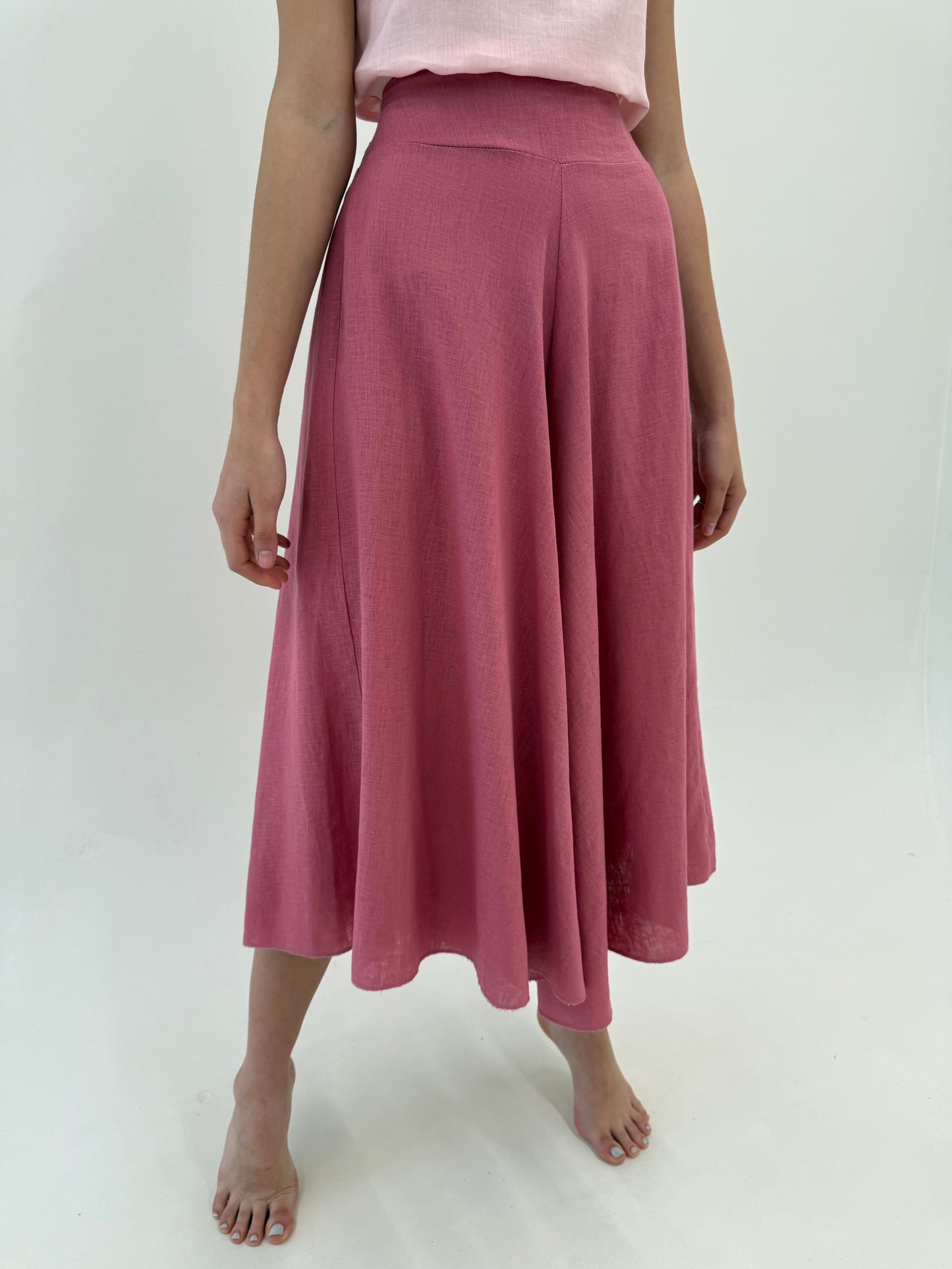 Pantaloni palazzo cu talie elastică din pânză cu în dark rose pink