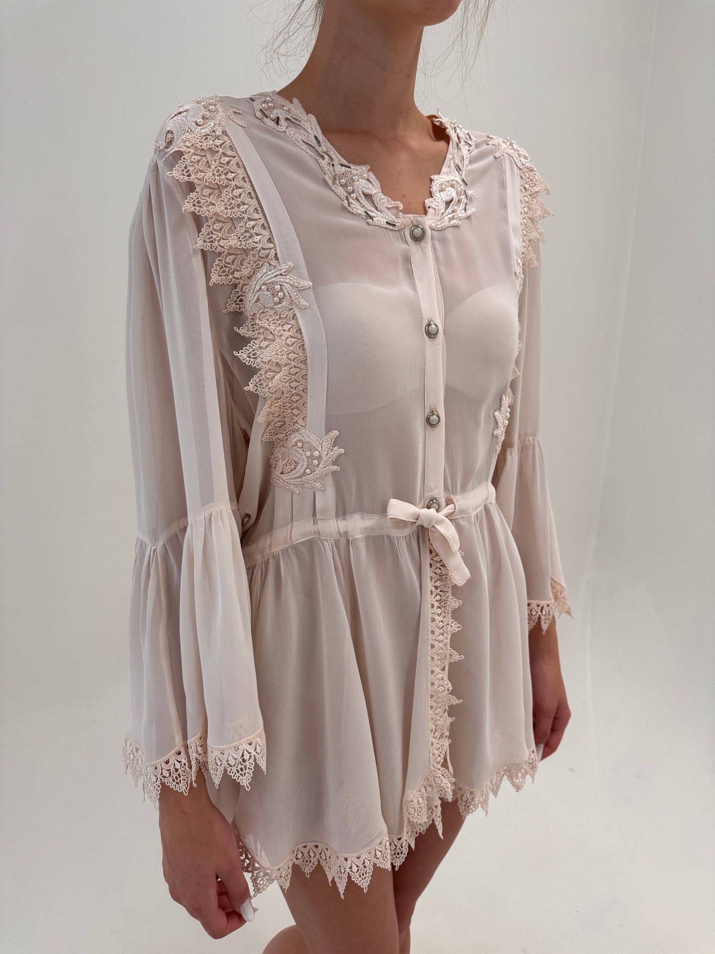 Top vintage dusty powder Pink cu talie marcată reglabilă și dantelă macrame