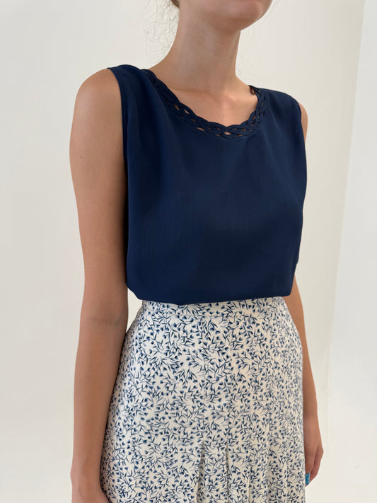 Top Navy blue din creppe de mătase naturală no iron
