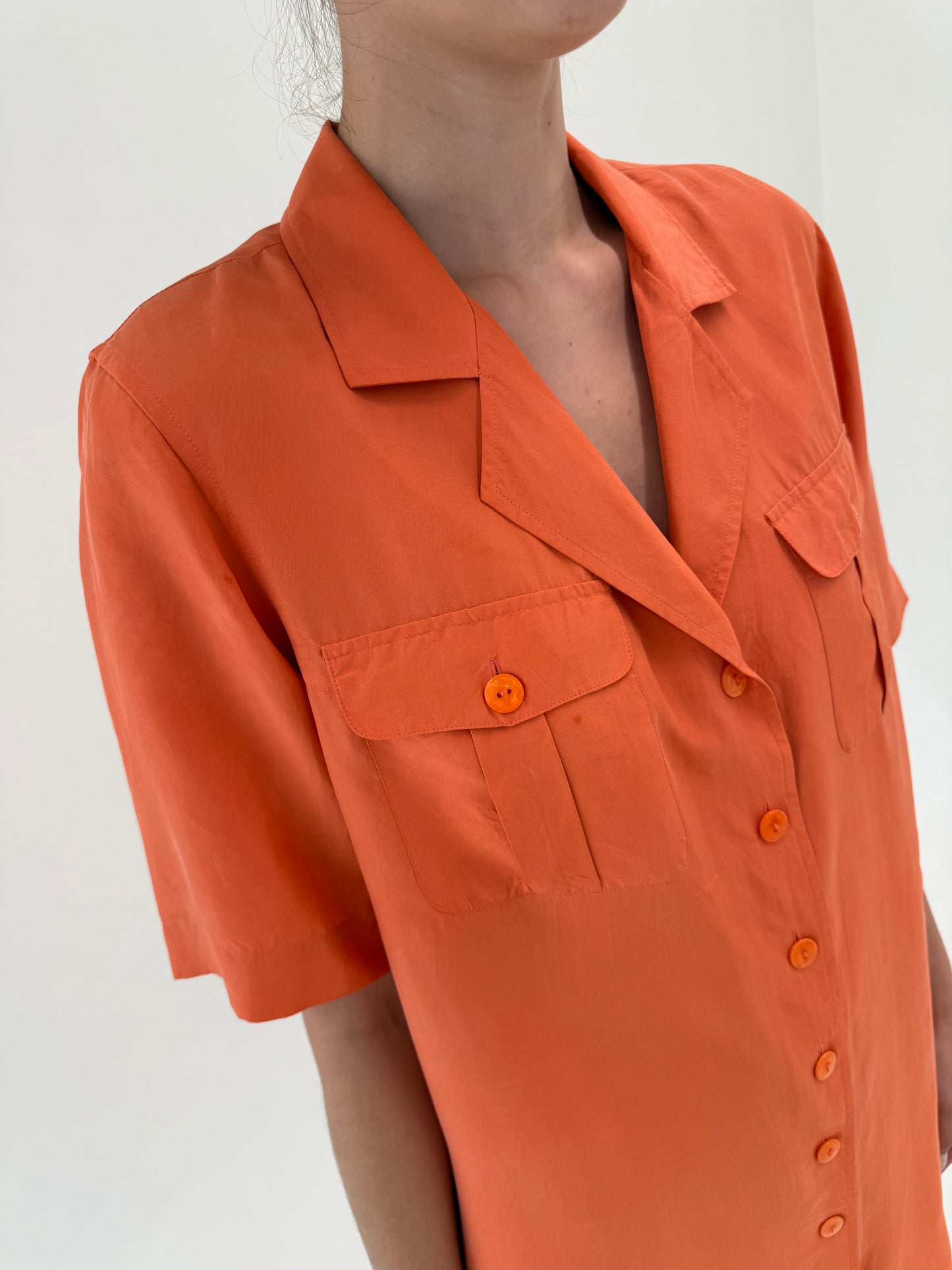 Rochie vintage italiană pumpkin orange tip cămașă din mătase naturală