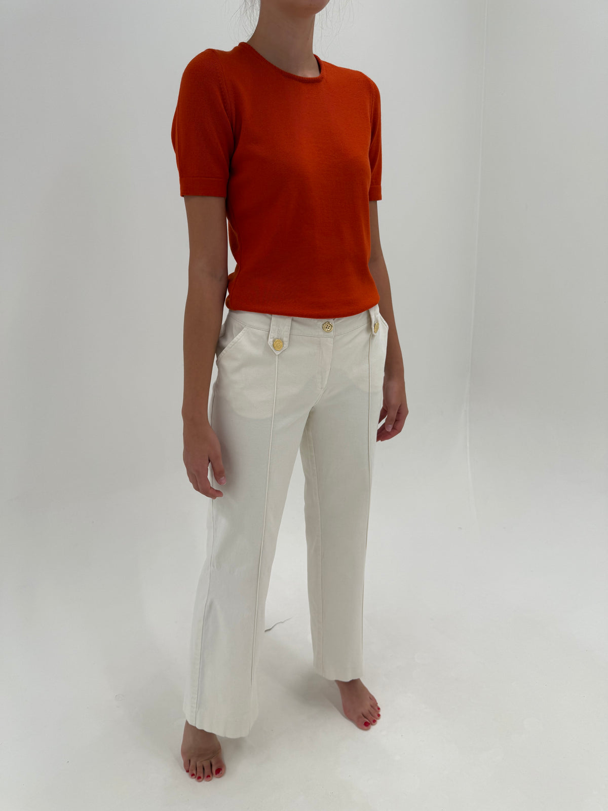 Pantaloni vintage Valentino din bumbac gros în croi evazat cu nasturi aurii