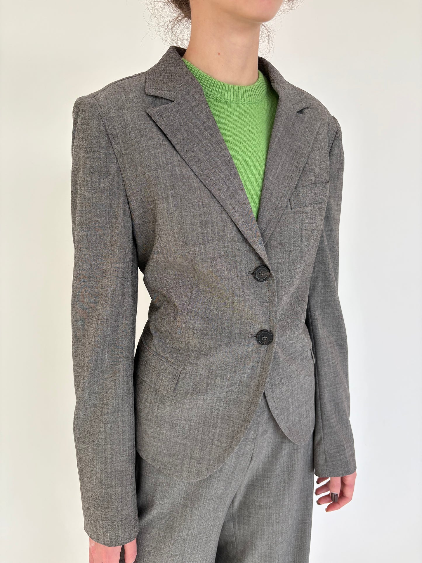 Costum luxury René Lezard cu pantaloni palazzo din stofă high end super 140’s