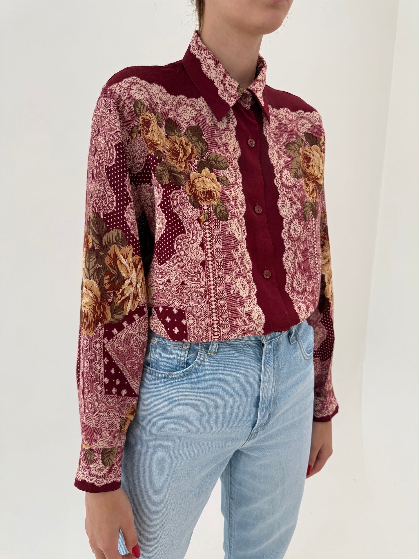 Cămașa burgundy petite cu print superb în croi lejer