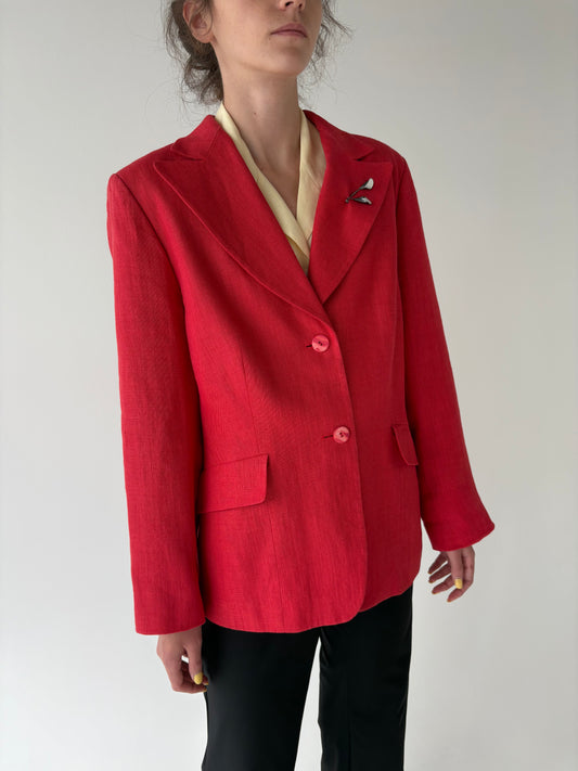 Sacou luxury Madeleine coral red în croi ușor cambrat cu broșa inclusă