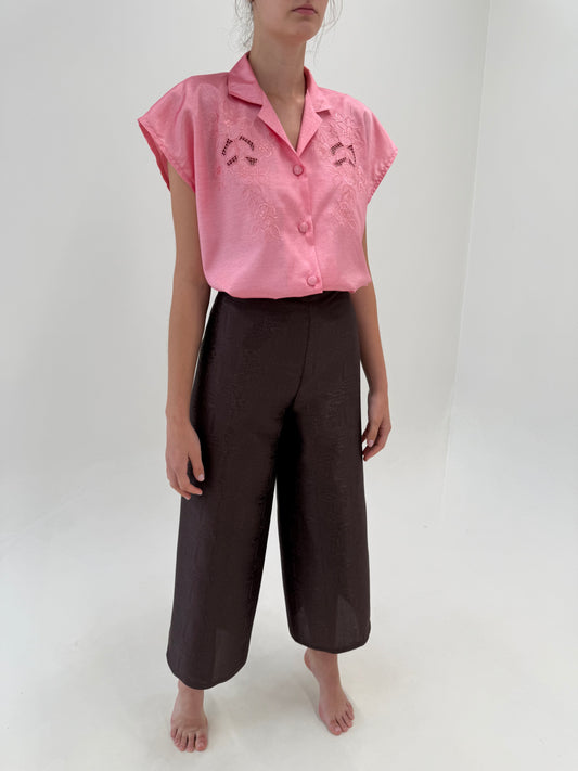 Pantaloni palazzo reglabili din mătase matuala jacquard dark chocolate brown
