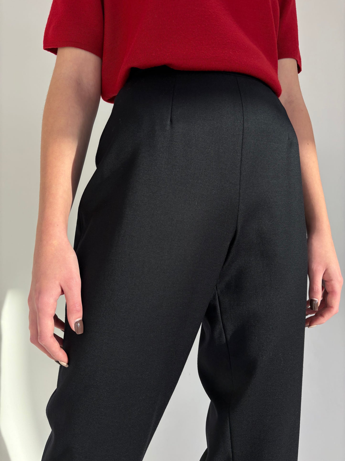 Pantaloni negri țigaretă din lana plină extrafina confort cu talie ultra înaltă