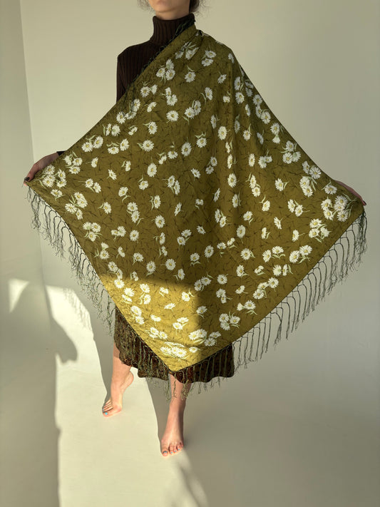 Eșarfă XXL din mătase natural cu print cu margarete pe seaweed green