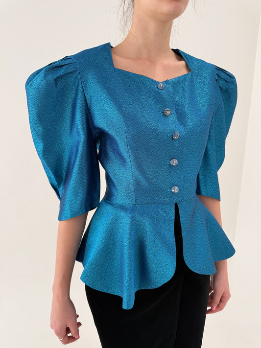 Sacou vintage din lame ultra cambrat cu peplum și umeri accentauti